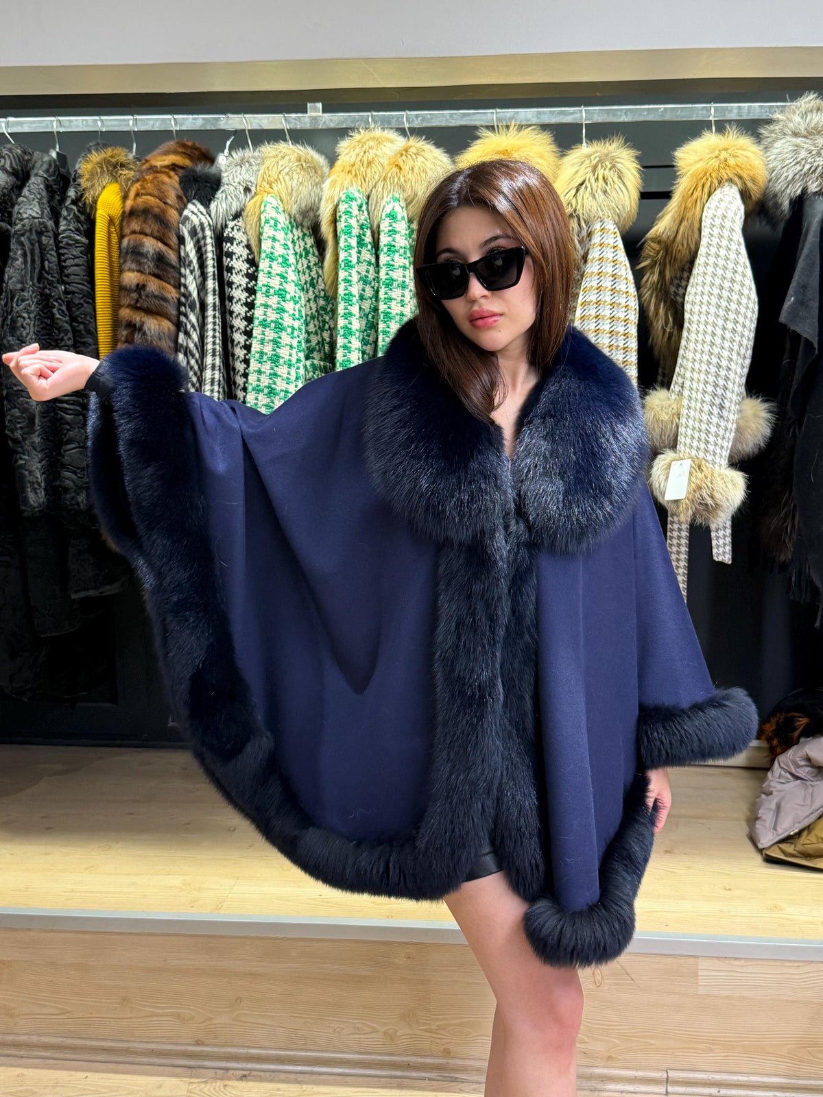 Navy Blue Wool Cashmere Cape with Fox Fur Trim – Luxury Winter Wrap, Elegant Oversized Shawl. Fox Fur Jacket. Blue Fox Fur Coat