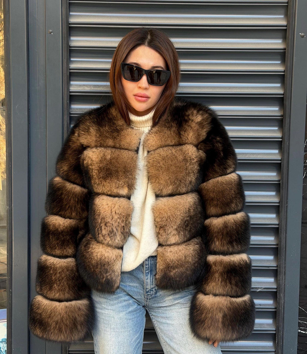 Brown Fox Fur Jacket, Limited Edition Sable Color Fur Coat For Women. Fox Fur Jacket. Short Fox Fur Coat