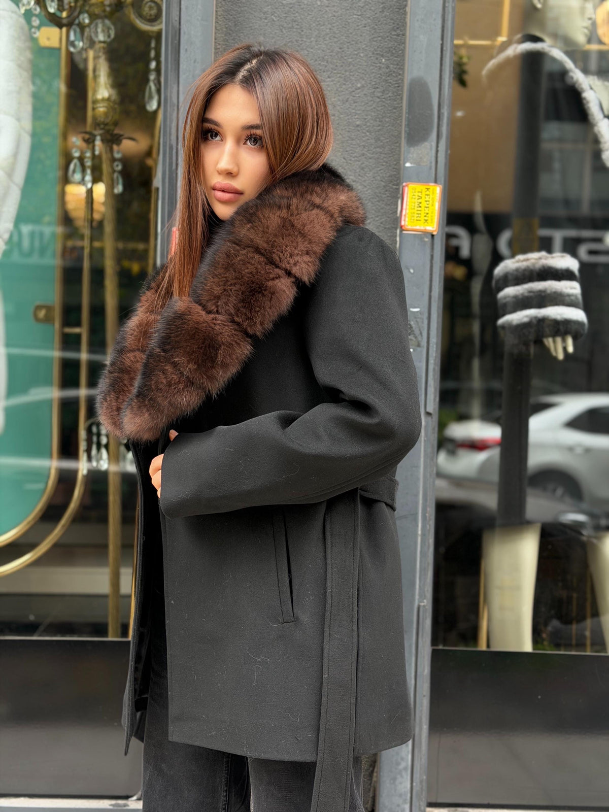Black Cashmere Collar Fox Fur Coat - Women Fox Fur Jacket - Black Fox Fur Jacket - Collar Fox Fur Cape. Short Wool Fox Fur Trim Jacket