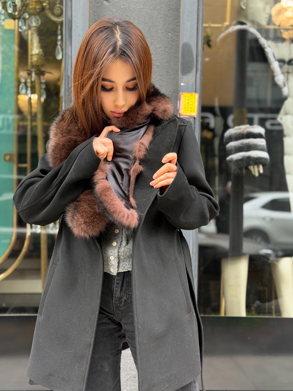 Black Cashmere Collar Fox Fur Coat - Women Fox Fur Jacket - Black Fox Fur Jacket - Collar Fox Fur Cape. Short Wool Fox Fur Trim Jacket