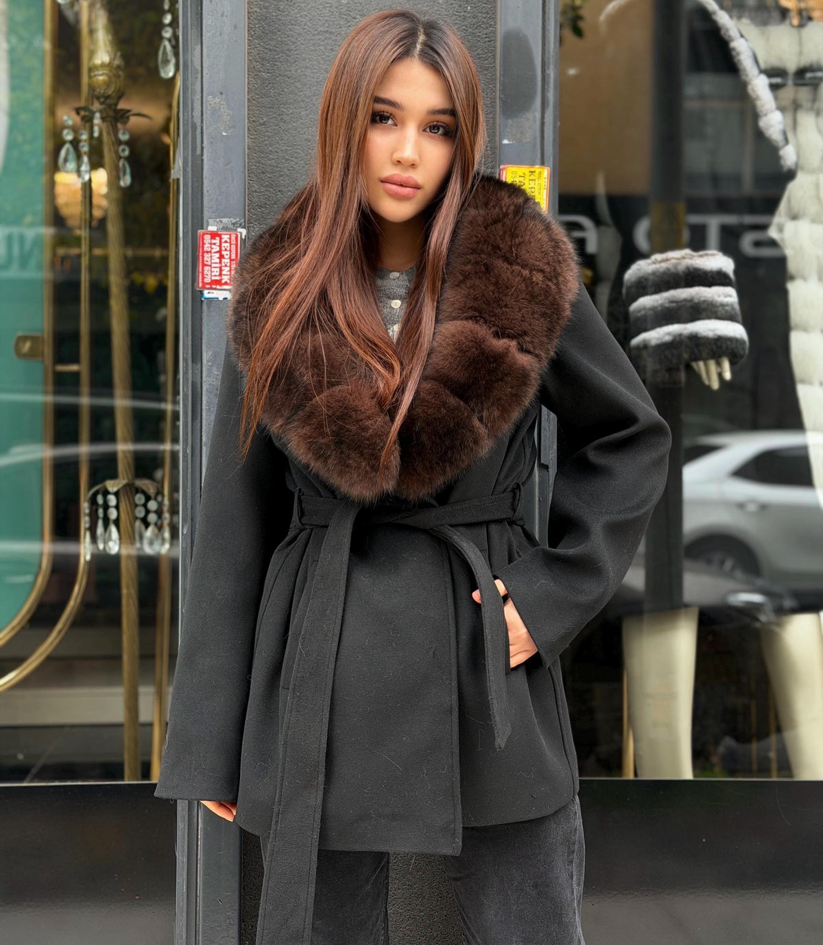 Black Cashmere Collar Fox Fur Coat - Women Fox Fur Jacket - Black Fox Fur Jacket - Collar Fox Fur Cape. Short Wool Fox Fur Trim Jacket