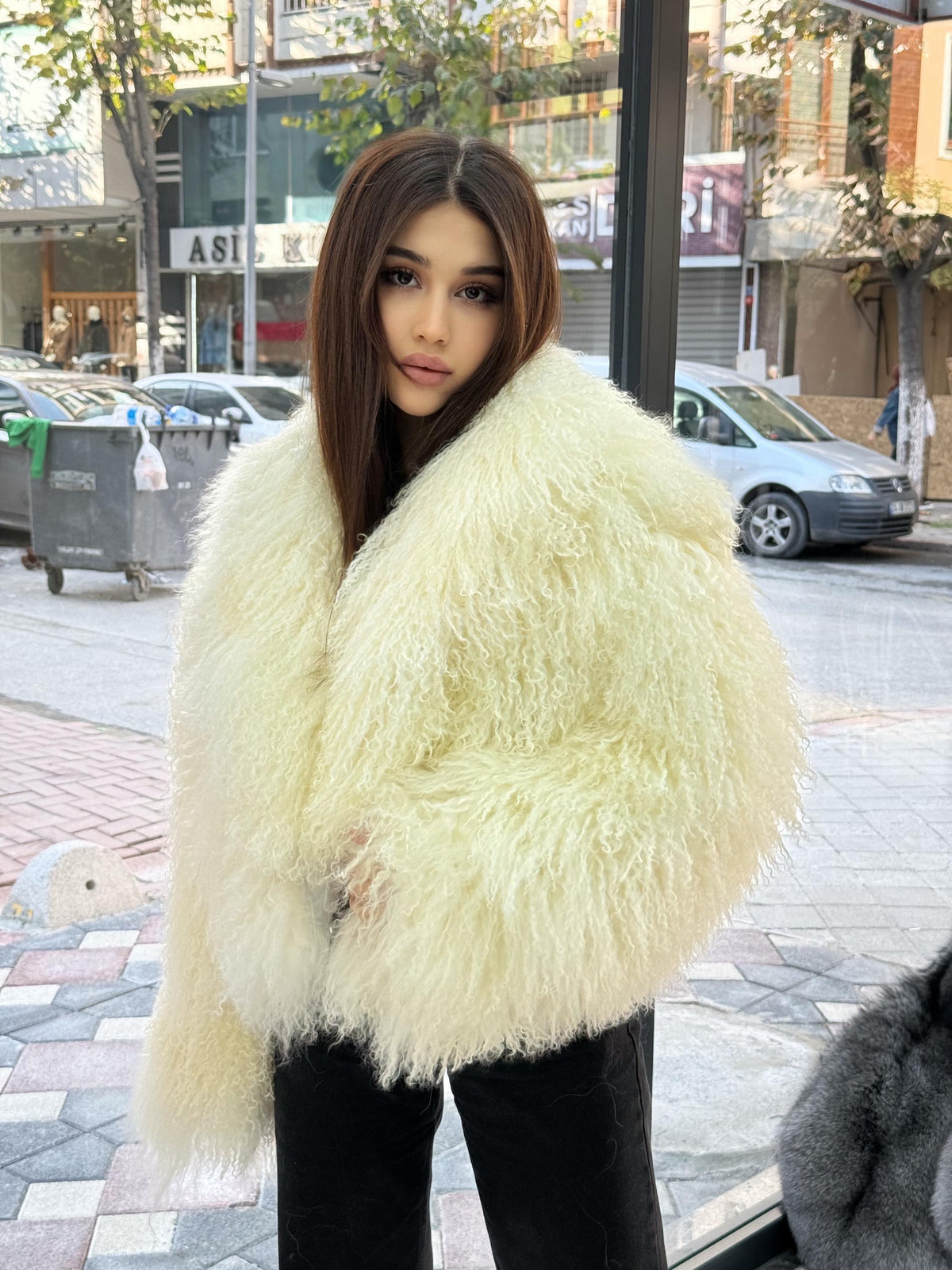 Ivory White Tibetan Fur Coat, Women’s Shaggy Lamb Fur Jacket, Mongolian Lamb Fur Coat, Longhair Lamb Fur Jacket