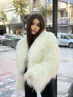 White Tibetan Fur Coat, Women’s Short Shaggy Mongolian Lamb Fur Jacket, Longhair Lamb Fur Jacket, Tibet Fur Jacket
