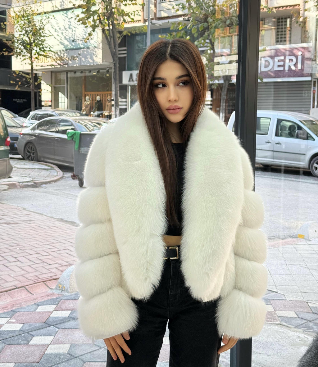 Shadow White Fox Fur Jacket. Women’s Short Fox Fur Jacket. Arctic Fox Fur Coat. Pure White Fox Fur Jacket. Huge Collar Fox Fur Coat