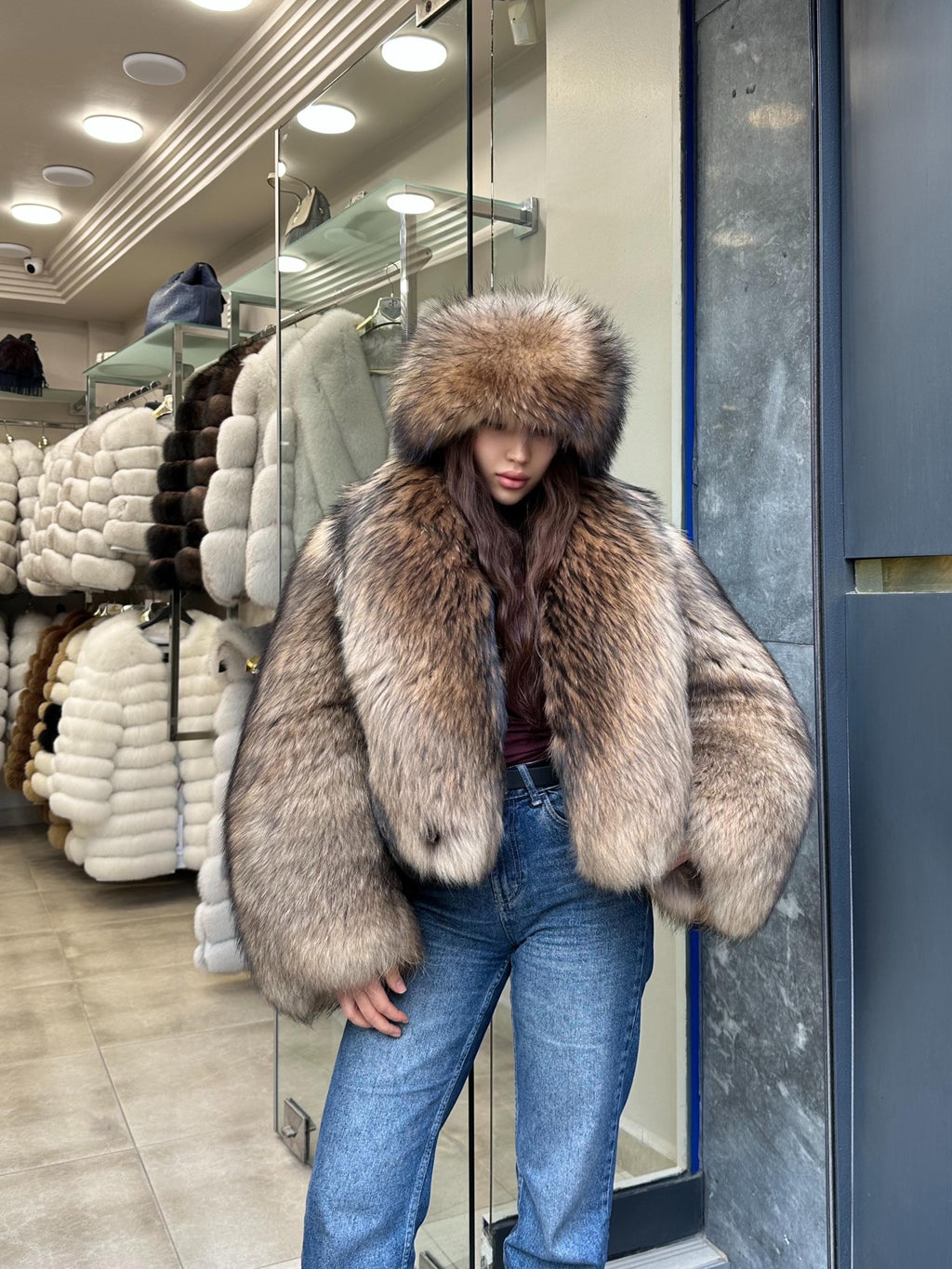 Raccoon Fox Fur Jacket, Women Gold Brown Fox Fur Coat. Short Fox Fur Jacket