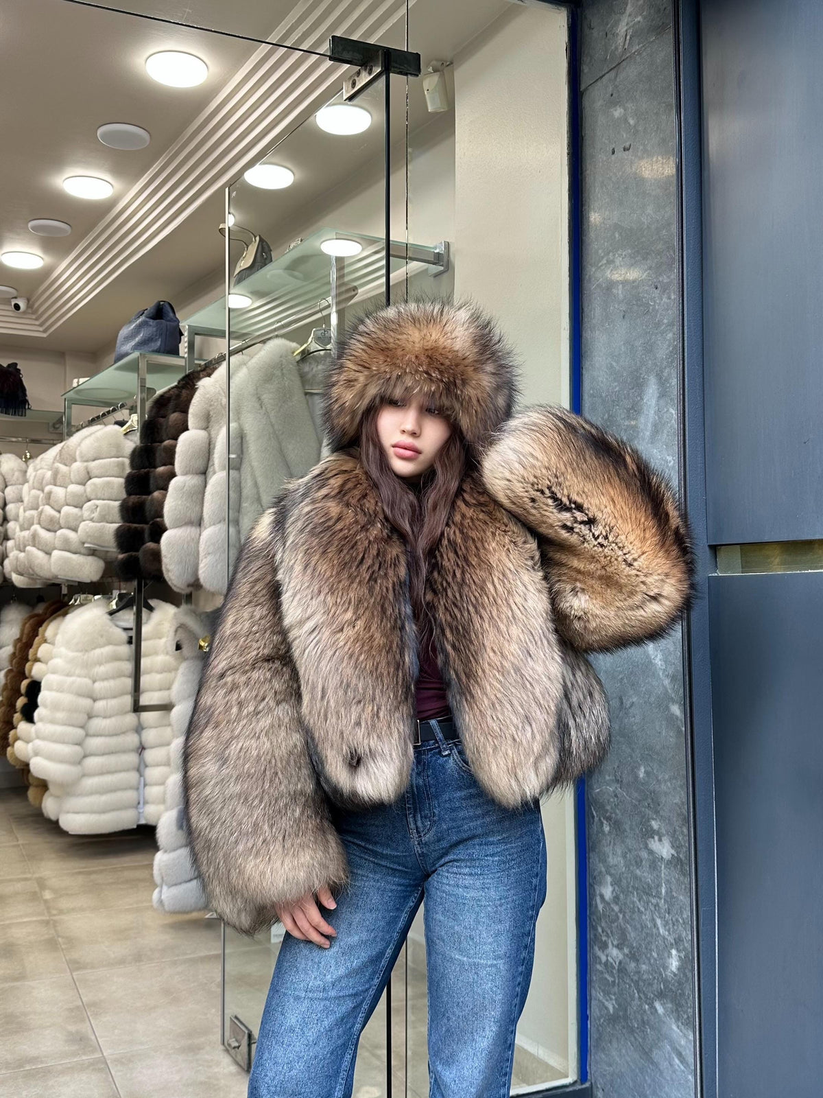 Raccoon Fox Fur Jacket, Women Gold Brown Fox Fur Coat. Short Fox Fur Jacket