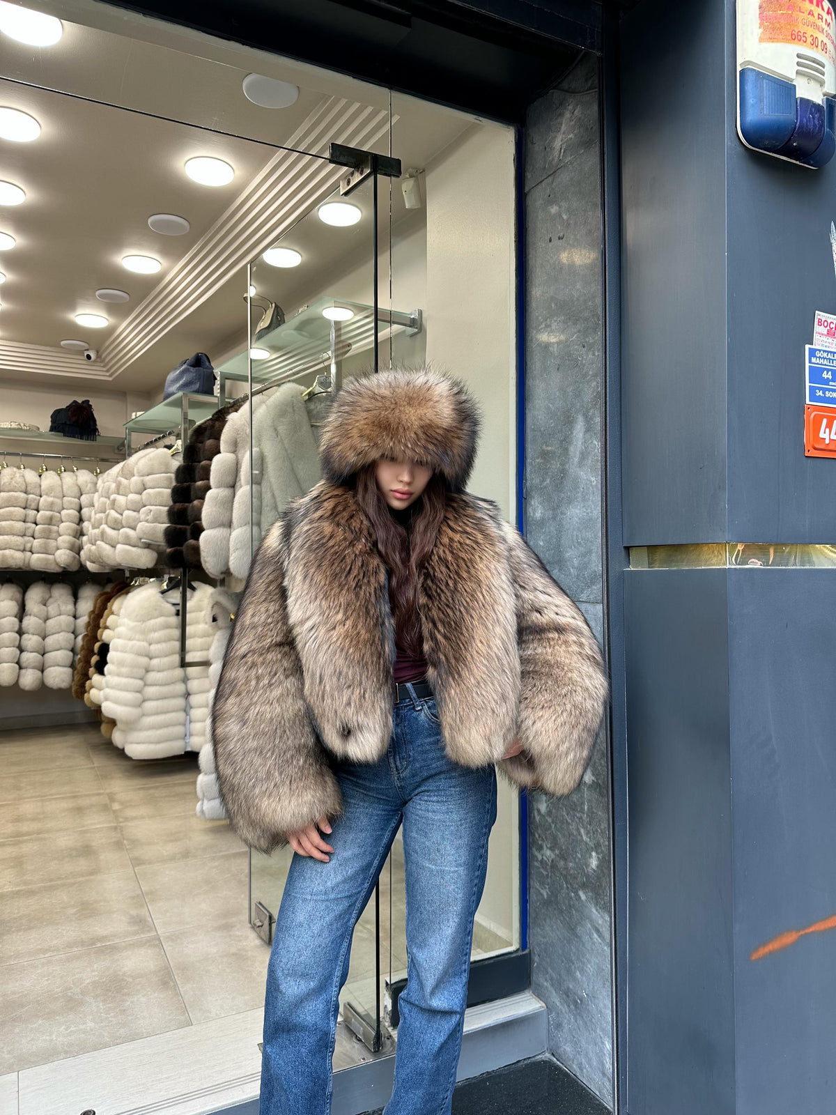 Raccoon Fox Fur Jacket, Women Gold Brown Fox Fur Coat. Short Fox Fur Jacket