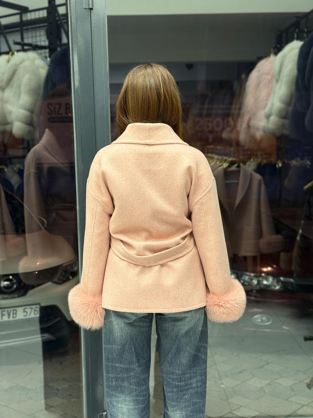 Pink Short Alpaca Wool Coat, Women Fox Fur Jacket, Cuffs Fox Fur Jacket,. Pink Fox Fur. - Soft Fox Fur