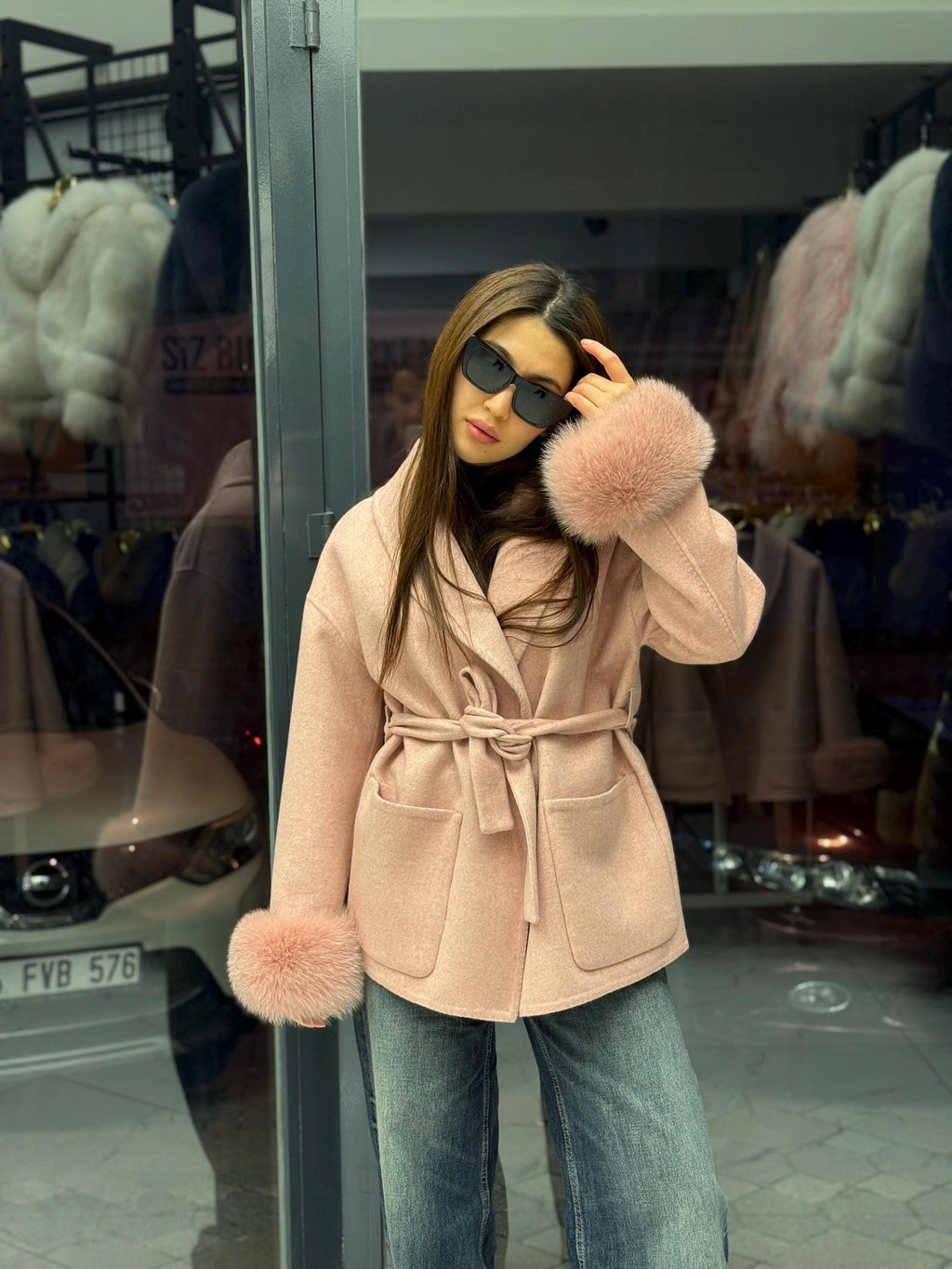 Pink Short Alpaca Wool Coat, Women Fox Fur Jacket, Cuffs Fox Fur Jacket,. Pink Fox Fur. - Soft Fox Fur