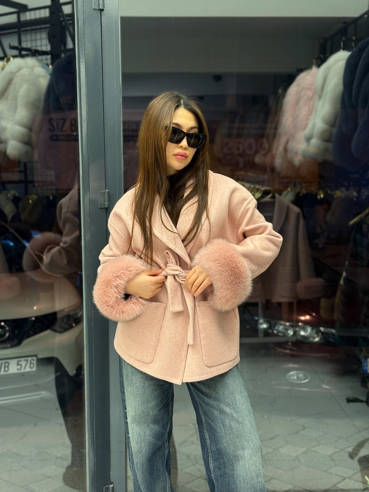 Pink Short Alpaca Wool Coat, Women Fox Fur Jacket, Cuffs Fox Fur Jacket,. Pink Fox Fur. - Soft Fox Fur