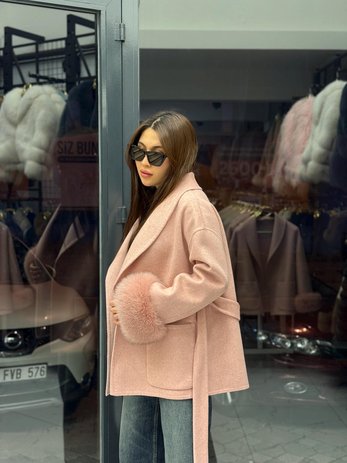 Pink Short Alpaca Wool Coat, Women Fox Fur Jacket, Cuffs Fox Fur Jacket,. Pink Fox Fur. - Soft Fox Fur