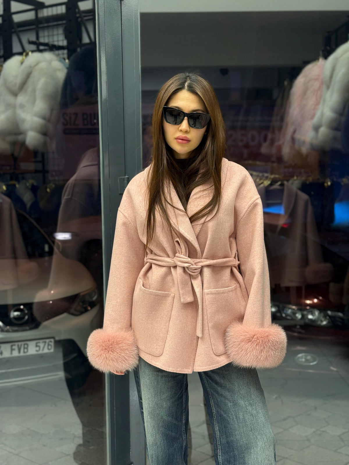 Pink Short Alpaca Wool Coat, Women Fox Fur Jacket, Cuffs Fox Fur Jacket,. Pink Fox Fur. - Soft Fox Fur