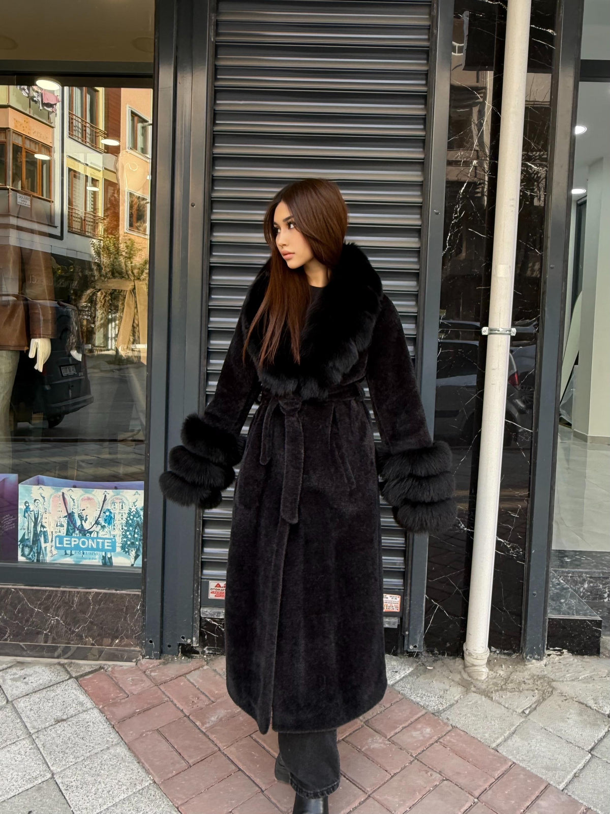 Luxury Women’s Long Black Alcantara Coat with Genuine Fox Fur Collar & Cuffs | Winter Fox Fur Coat