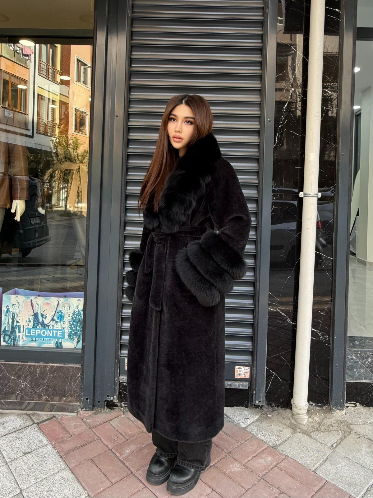 Luxury Women’s Long Black Alcantara Coat with Genuine Fox Fur Collar & Cuffs | Winter Fox Fur Coat