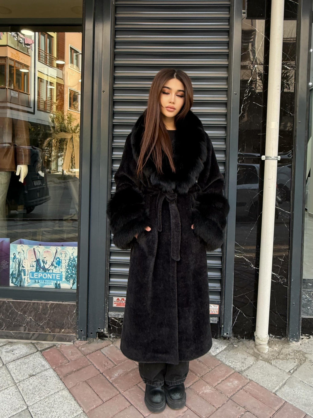 Luxury Women’s Long Black Alcantara Coat with Genuine Fox Fur Collar & Cuffs | Winter Fox Fur Coat