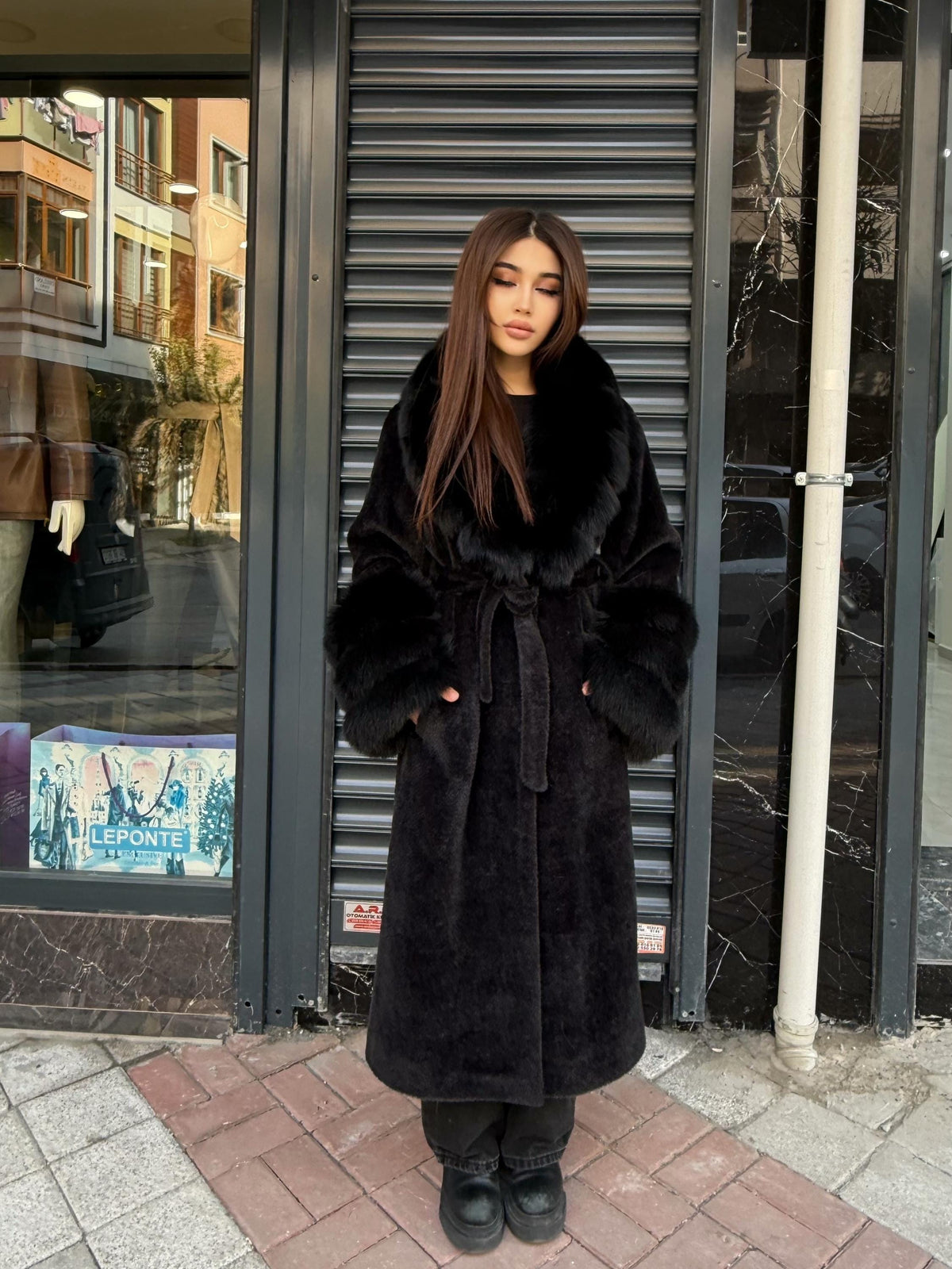 Luxury Women’s Long Black Alcantara Coat with Genuine Fox Fur Collar & Cuffs | Winter Fox Fur Coat