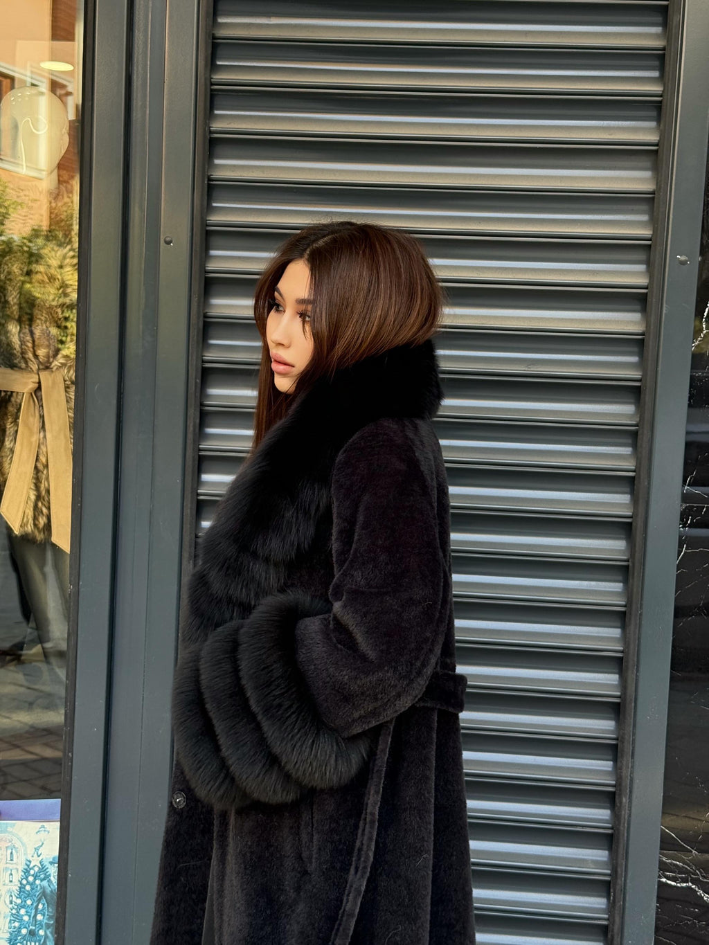 Luxury Women’s Long Black Alcantara Coat with Genuine Fox Fur Collar & Cuffs | Winter Fox Fur Coat