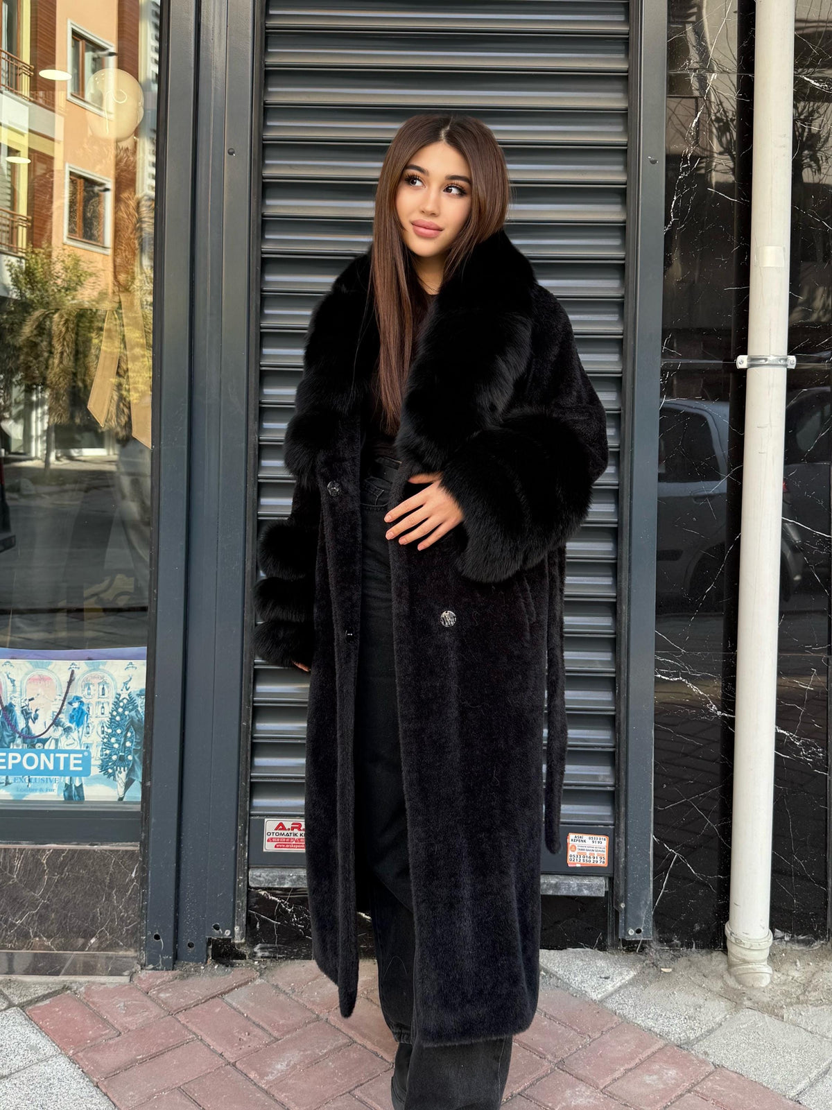 Luxury Women’s Long Black Alcantara Coat with Genuine Fox Fur Collar & Cuffs | Winter Fox Fur Coat