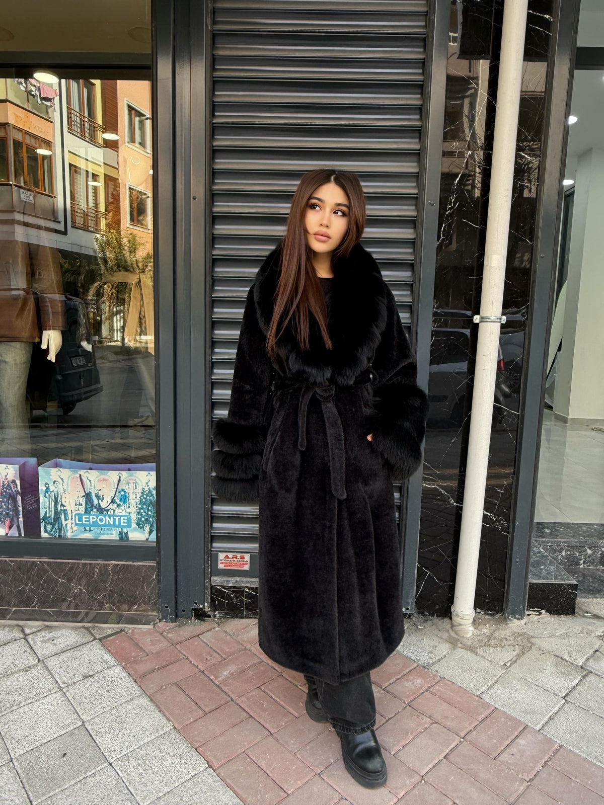 Luxury Women’s Long Black Alcantara Coat with Genuine Fox Fur Collar & Cuffs | Winter Fox Fur Coat