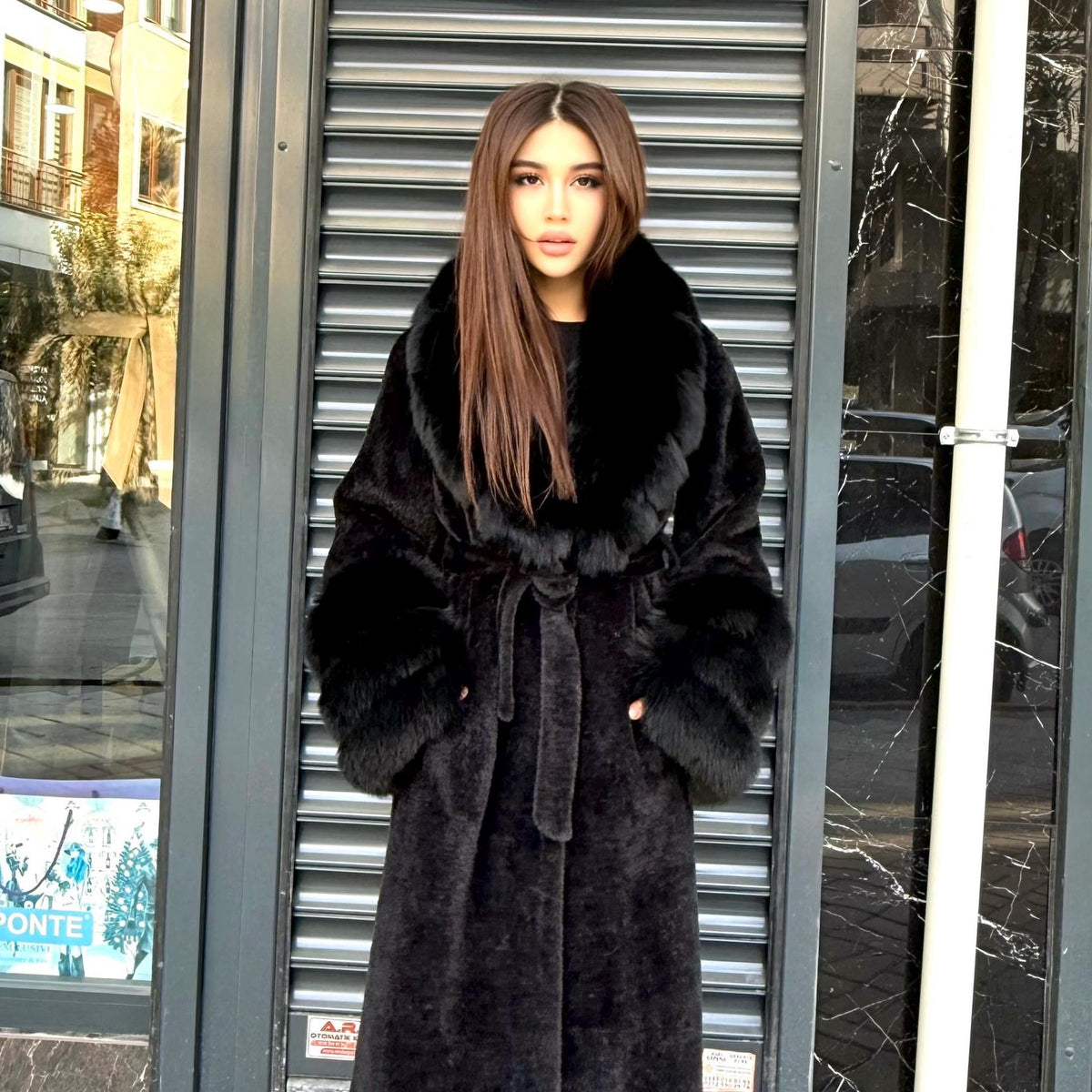 Luxury Women’s Long Black Alcantara Coat with Genuine Fox Fur Collar & Cuffs | Winter Fox Fur Coat