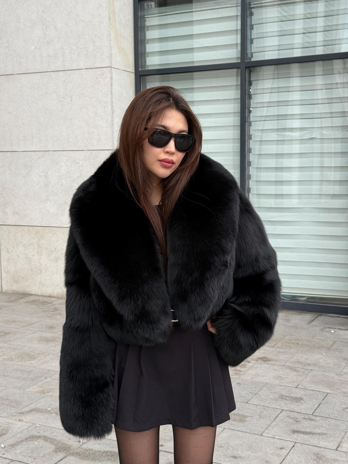 Women’s Black Fox Fur Jacket | Short Cropped Huge Collar Fut Coat