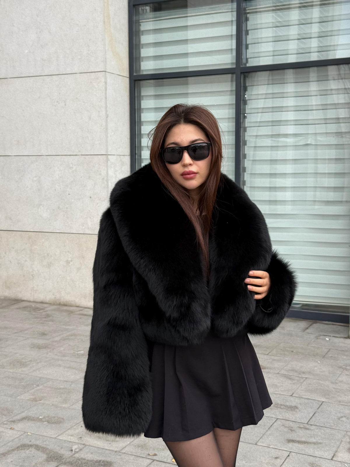 Women’s Black Fox Fur Jacket | Short Cropped Huge Collar Fut Coat