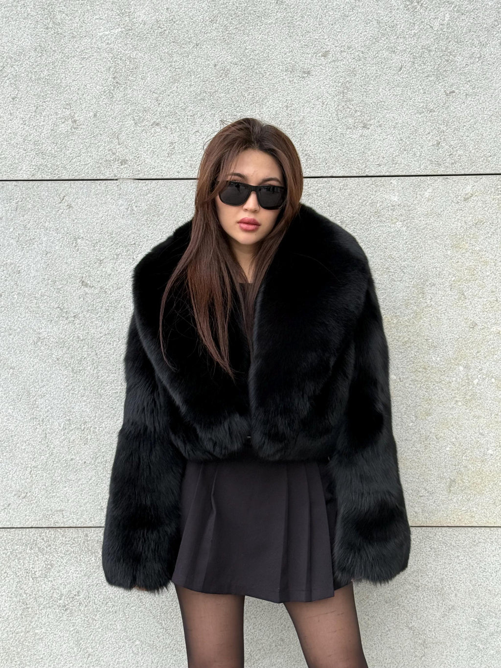 Women’s Black Fox Fur Jacket | Short Cropped Huge Collar Fut Coat