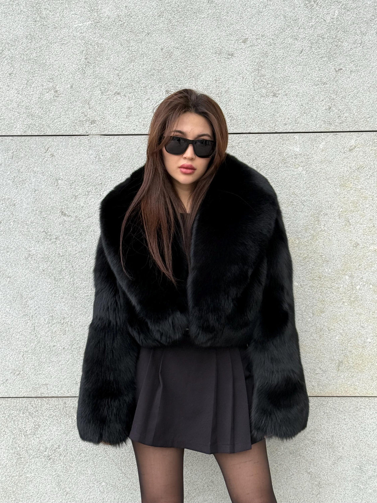 Women’s Black Fox Fur Jacket | Short Cropped Huge Collar Fut Coat