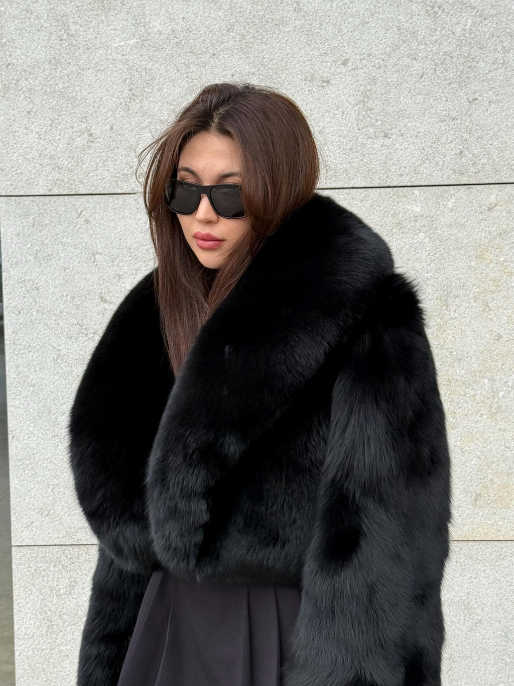 Women’s Black Fox Fur Jacket | Short Cropped Huge Collar Fut Coat