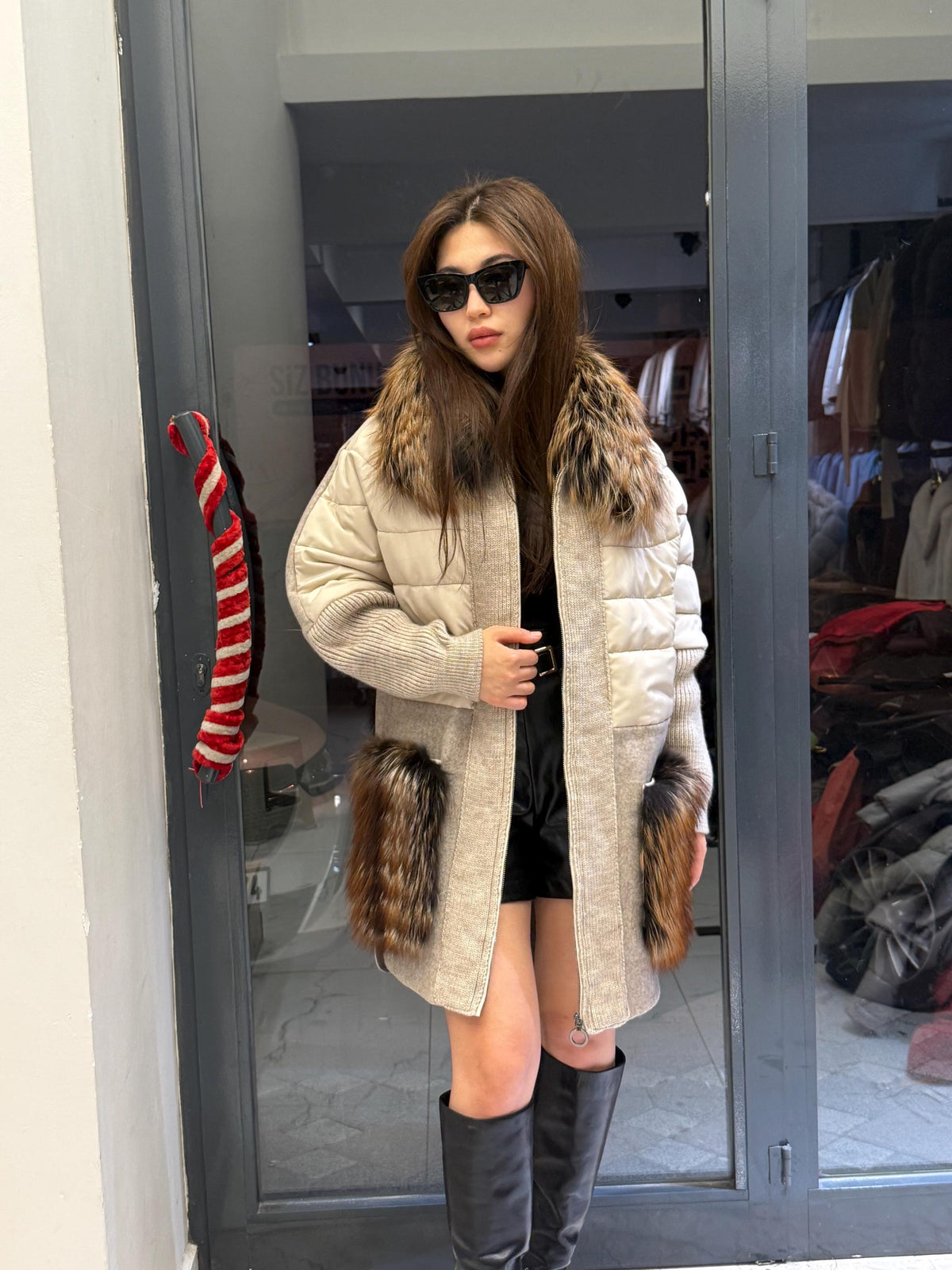 Gray Plus Size Puffer Coat, Women Collar&Pockets Fox Fur Jacket, Oversized Fox Fur Coat, Alpaca Wool Coat. Argentina Fox Fur Jacket