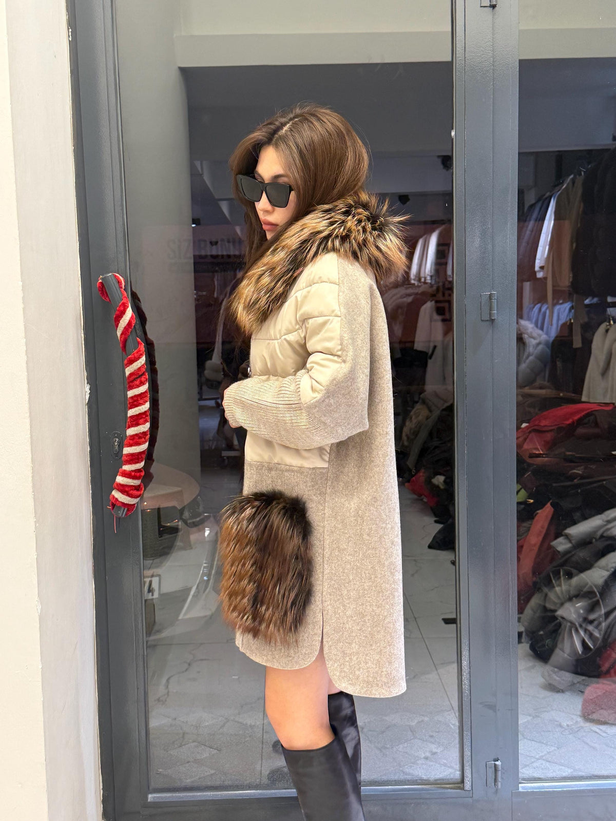 Gray Plus Size Puffer Coat, Women Collar&Pockets Fox Fur Jacket, Oversized Fox Fur Coat, Alpaca Wool Coat. Argentina Fox Fur Jacket