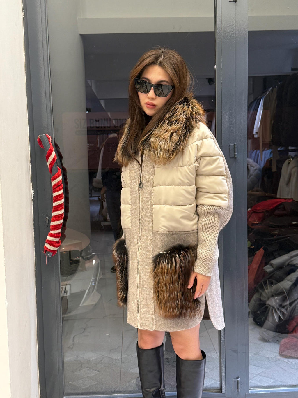 Gray Plus Size Puffer Coat, Women Collar&Pockets Fox Fur Jacket, Oversized Fox Fur Coat, Alpaca Wool Coat. Argentina Fox Fur Jacket