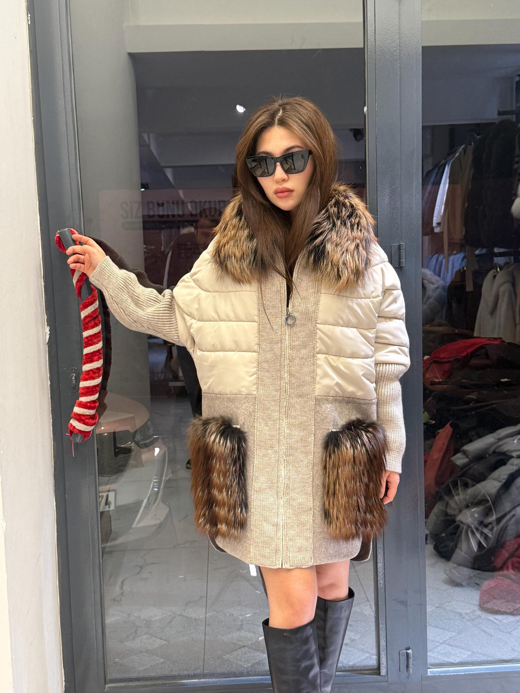 Gray Plus Size Puffer Coat, Women Collar&Pockets Fox Fur Jacket, Oversized Fox Fur Coat, Alpaca Wool Coat. Argentina Fox Fur Jacket