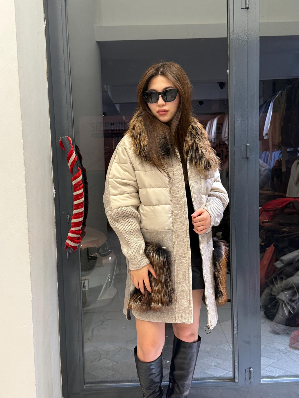 Gray Plus Size Puffer Coat, Women Collar&Pockets Fox Fur Jacket, Oversized Fox Fur Coat, Alpaca Wool Coat. Argentina Fox Fur Jacket