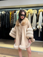 Beige Cashmere Cape With Fox Fur Trim, Women’s Wool Shawl Front Skirt - Fox Fur Jacket. Beige Fox Fur Jacket. Fox Fur Trim Coat. Fox Fur