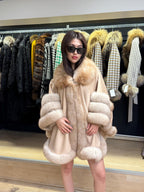 Beige Cashmere Cape With Fox Fur Trim, Women’s Wool Shawl Front Skirt - Fox Fur Jacket. Beige Fox Fur Jacket. Fox Fur Trim Coat. Fox Fur
