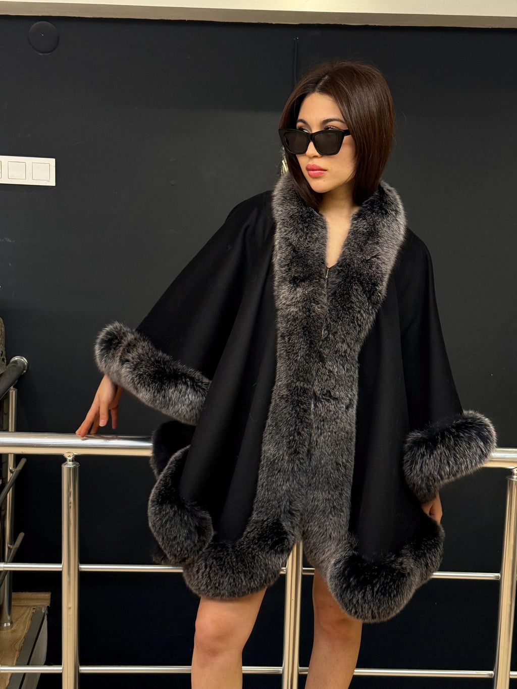 Black Cashmere Cape With Fox Fur Trim, Women’s Wool Shawl Front Skirt - Fox Fur Jacket. Silver Fox Fur Jacket. Fox Fur Trim Coat. Fox Fur