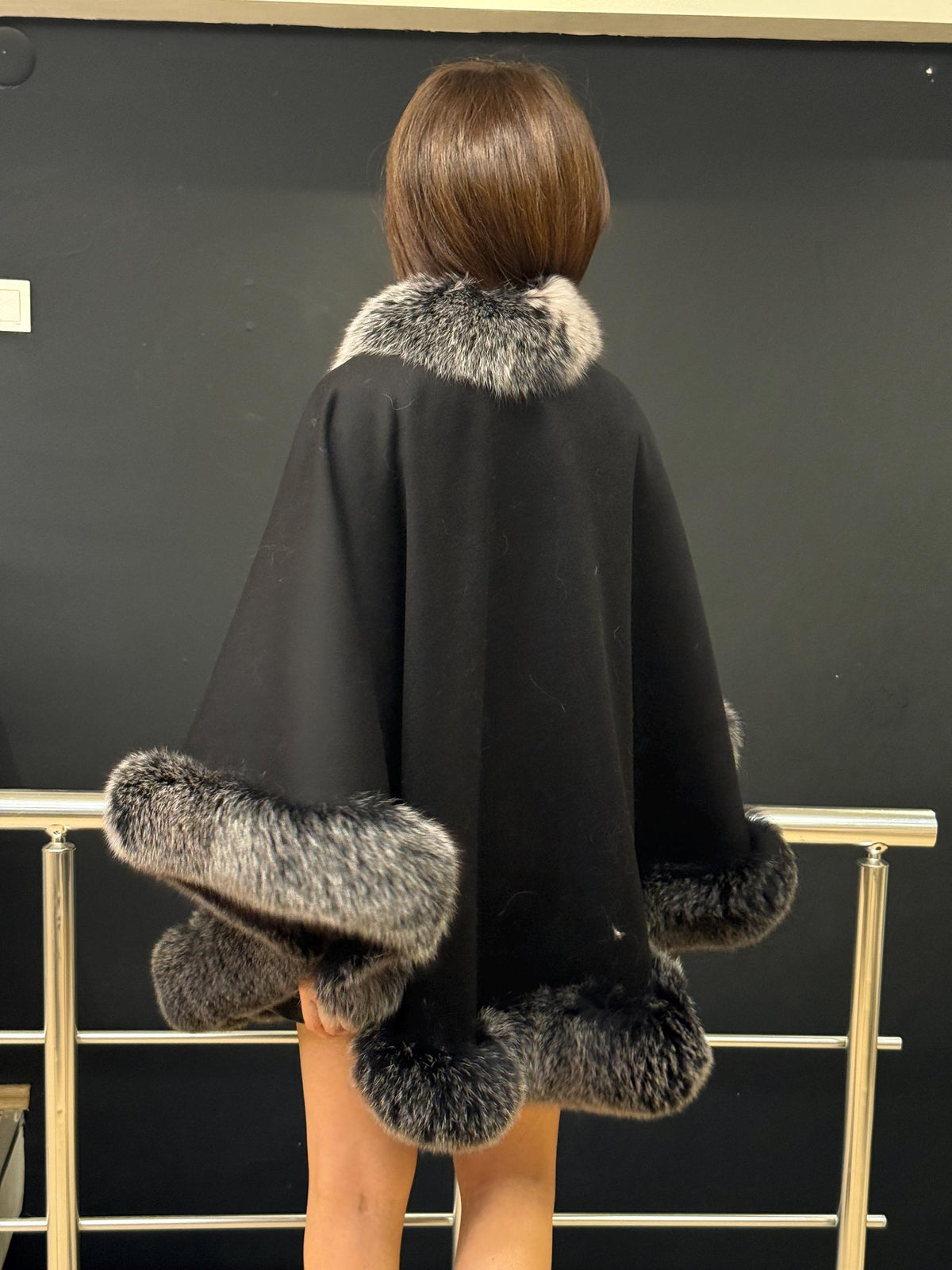 Black Cashmere Cape With Fox Fur Trim, Women’s Wool Shawl Front Skirt - Fox Fur Jacket. Silver Fox Fur Jacket. Fox Fur Trim Coat. Fox Fur