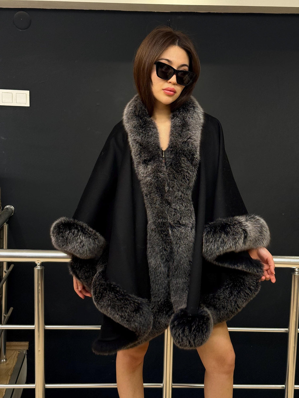 Black Cashmere Cape With Fox Fur Trim, Women’s Wool Shawl Front Skirt - Fox Fur Jacket. Silver Fox Fur Jacket. Fox Fur Trim Coat. Fox Fur