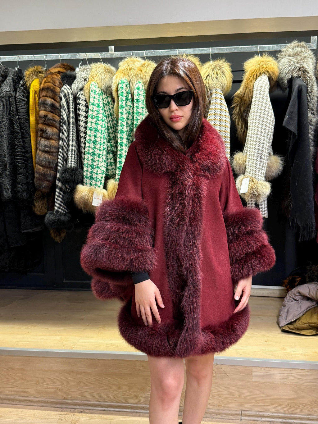 Burgundy Cashmere Cape with Fox Fur Trim: Wool Shawl With fox Fur. Front Skirt- Fox Fur Jacket. Burgundy Fox Fur Jacket. Fox Fur Cape