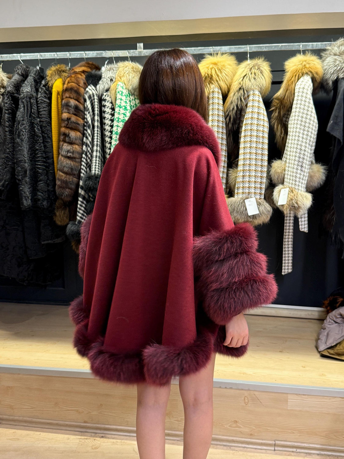 Burgundy Cashmere Cape with Fox Fur Trim: Wool Shawl With fox Fur. Front Skirt- Fox Fur Jacket. Burgundy Fox Fur Jacket. Fox Fur Cape