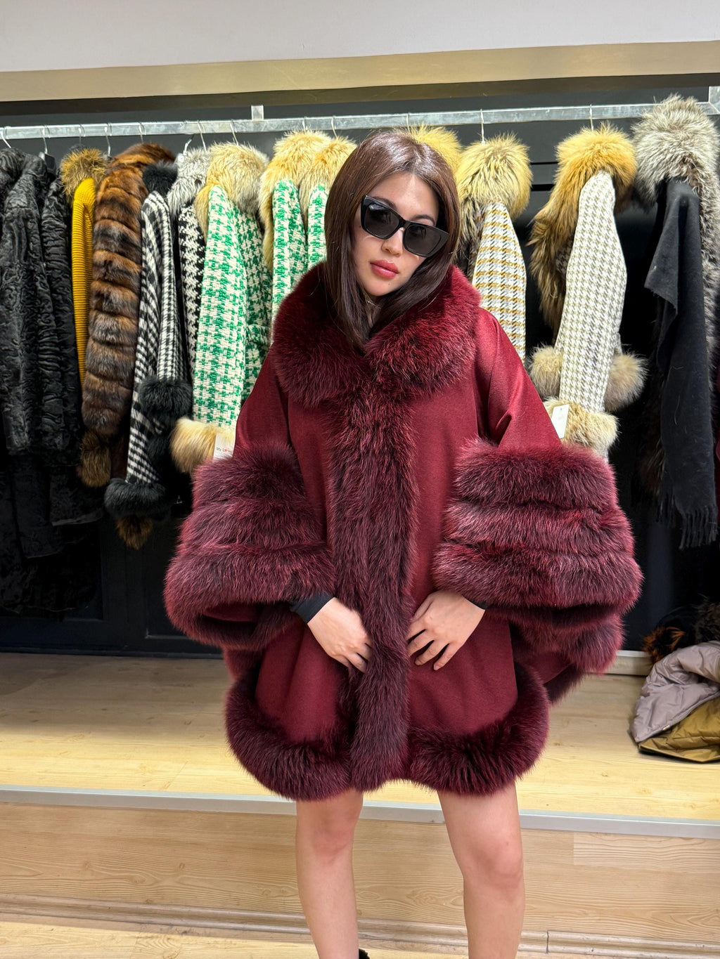 Burgundy Cashmere Cape with Fox Fur Trim: Wool Shawl With fox Fur. Front Skirt- Fox Fur Jacket. Burgundy Fox Fur Jacket. Fox Fur Cape