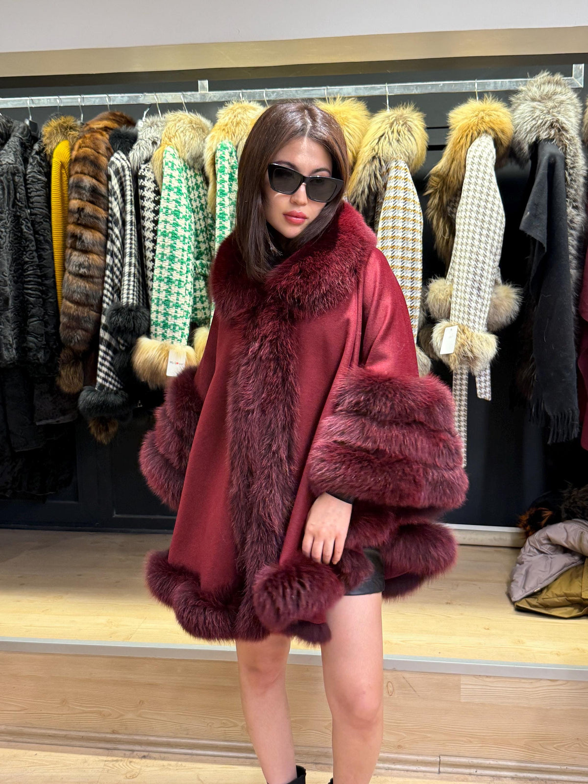 Burgundy Cashmere Cape with Fox Fur Trim: Wool Shawl With fox Fur. Front Skirt- Fox Fur Jacket. Burgundy Fox Fur Jacket. Fox Fur Cape