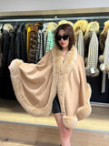 Beige Cashmere Cape With Fox Fur Trim, Women’s Wool Shawl Front Skirt - Fox Fur Jacket. Beige Fox Fur Jacket. Fox Fur Trim Coat. Fox Fur