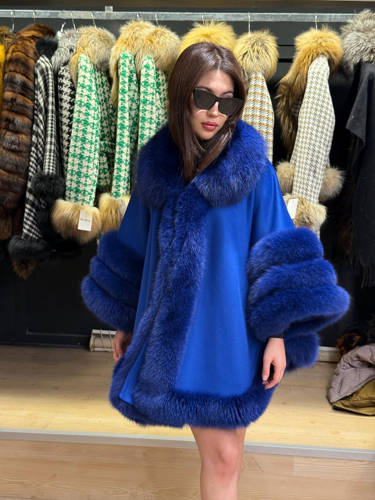 Sax Blue Wool Cashmere Cape Coat with Fox Fur Trim , Front Skirt Fox Fur Jacket. Sax Blue Fox Fur Coat. Women Fox Fur Jacket. Fox Fur