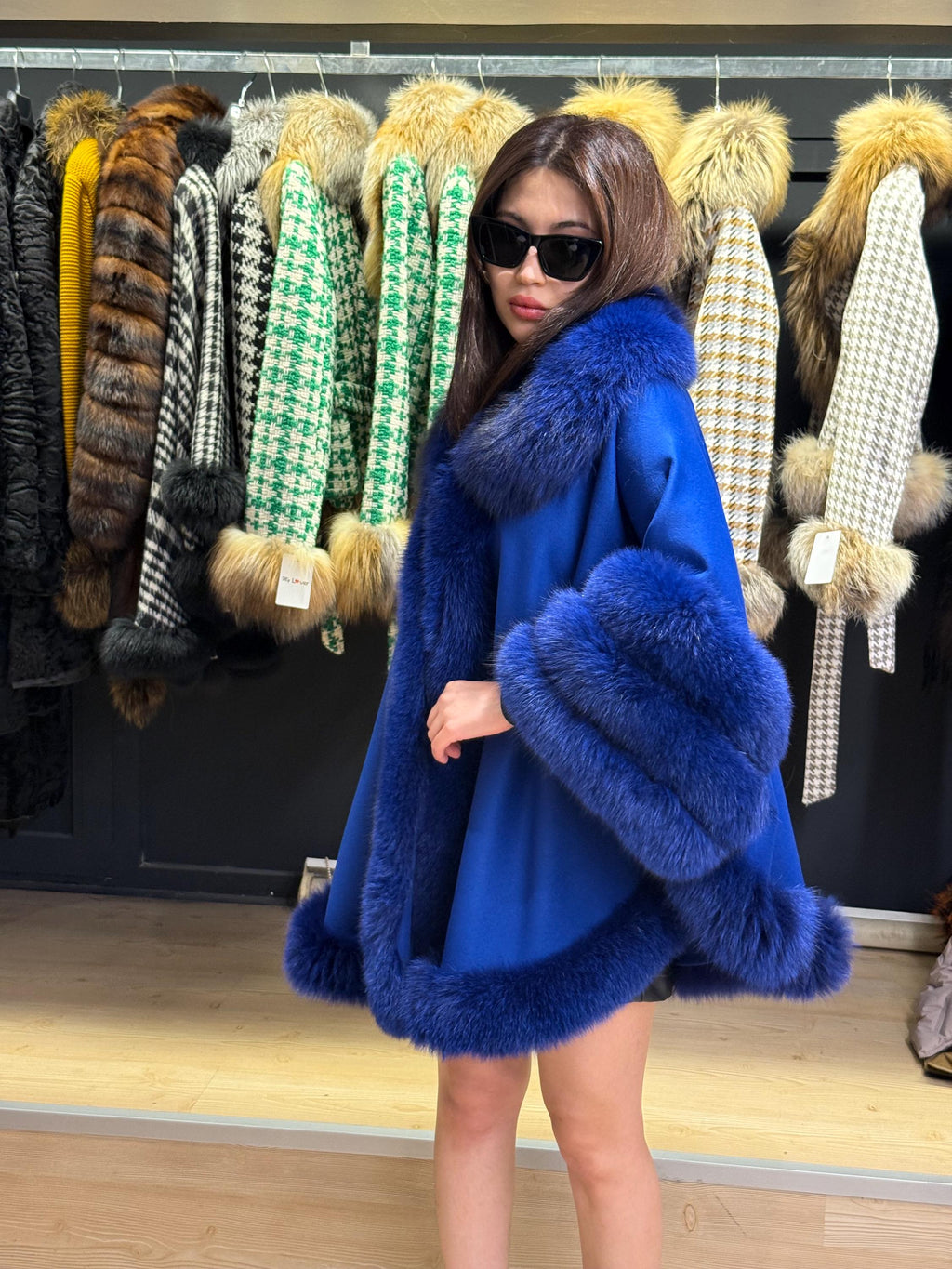 Sax Blue Wool Cashmere Cape Coat with Fox Fur Trim , Front Skirt Fox Fur Jacket. Sax Blue Fox Fur Coat. Women Fox Fur Jacket. Fox Fur