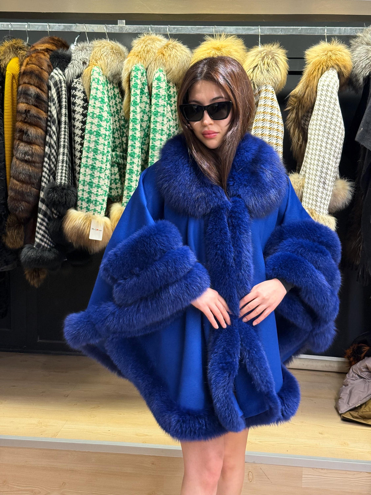 Sax Blue Wool Cashmere Cape Coat with Fox Fur Trim , Front Skirt Fox Fur Jacket. Sax Blue Fox Fur Coat. Women Fox Fur Jacket. Fox Fur