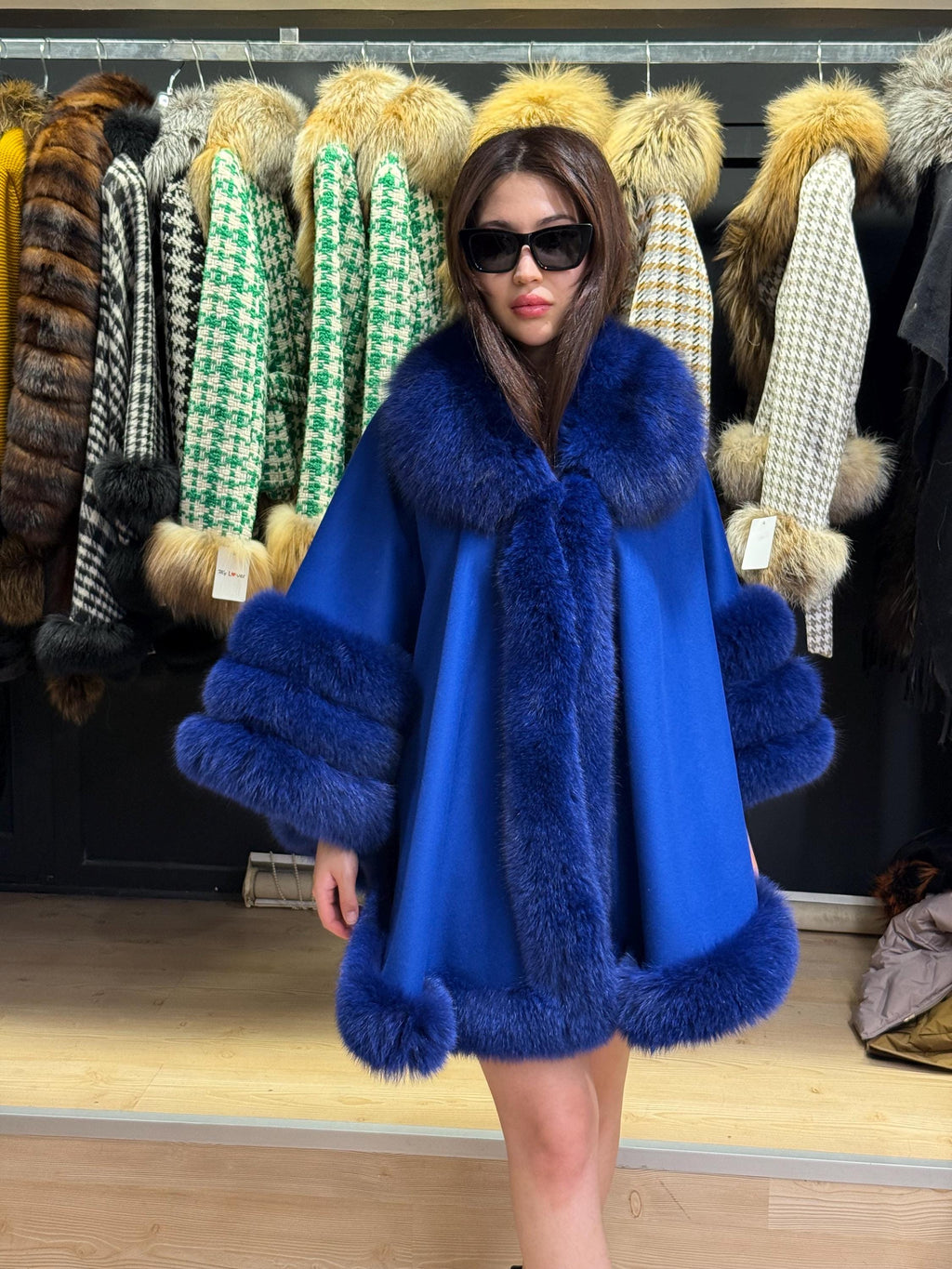 Sax Blue Wool Cashmere Cape Coat with Fox Fur Trim , Front Skirt Fox Fur Jacket. Sax Blue Fox Fur Coat. Women Fox Fur Jacket. Fox Fur