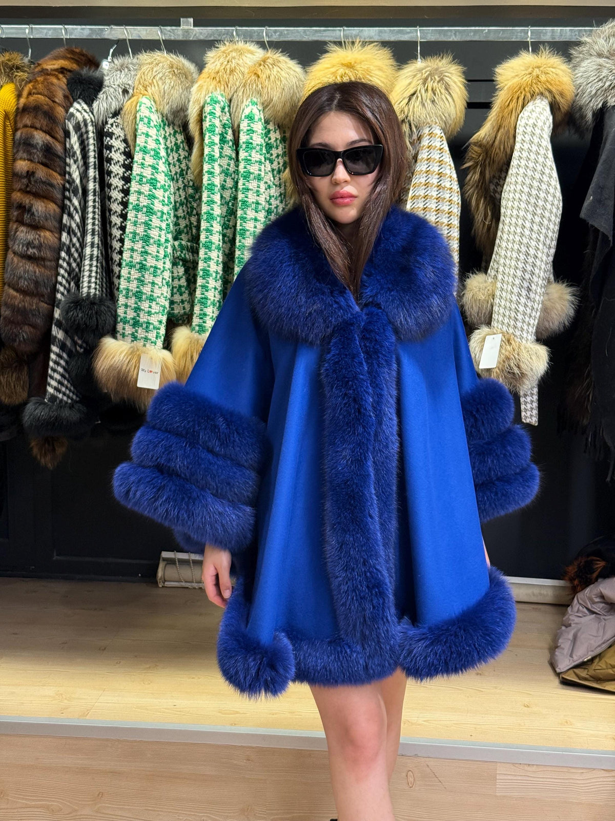 Sax Blue Wool Cashmere Cape Coat with Fox Fur Trim , Front Skirt Fox Fur Jacket. Sax Blue Fox Fur Coat. Women Fox Fur Jacket. Fox Fur
