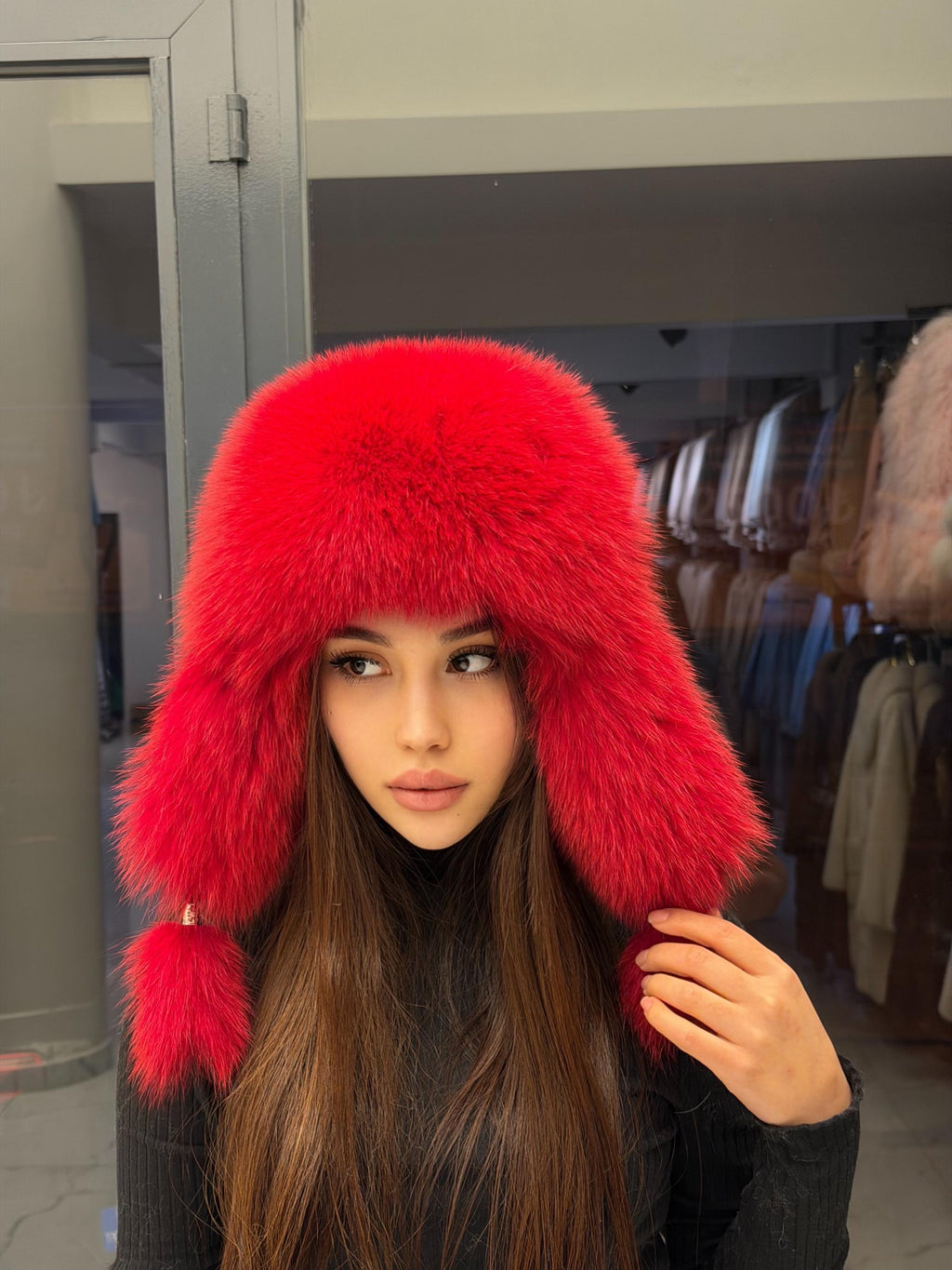 Real Fox Fur Ushanka Hat | Red Winter Russian Hat with Pom Poms | Handmade Luxury Fur Trapper Hat Women | Cold Weather Gift